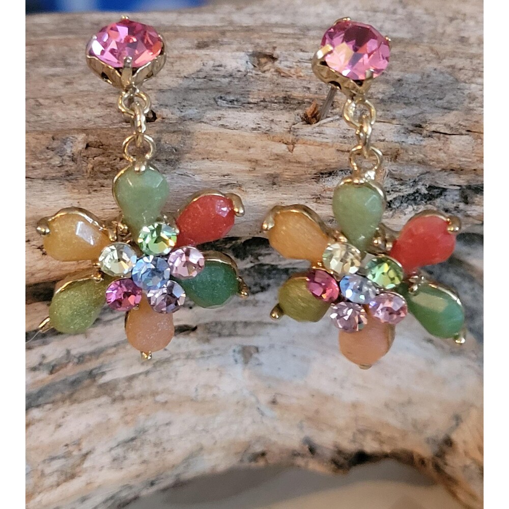 Vintage Tiara Misu Multi-Color Rhinestone Flower Dangle Earrings